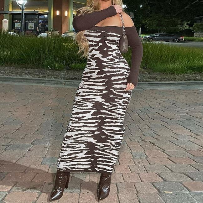 Long Sleeve Off Shoulder Patterned Print Maxi Sheath Dress Product Image