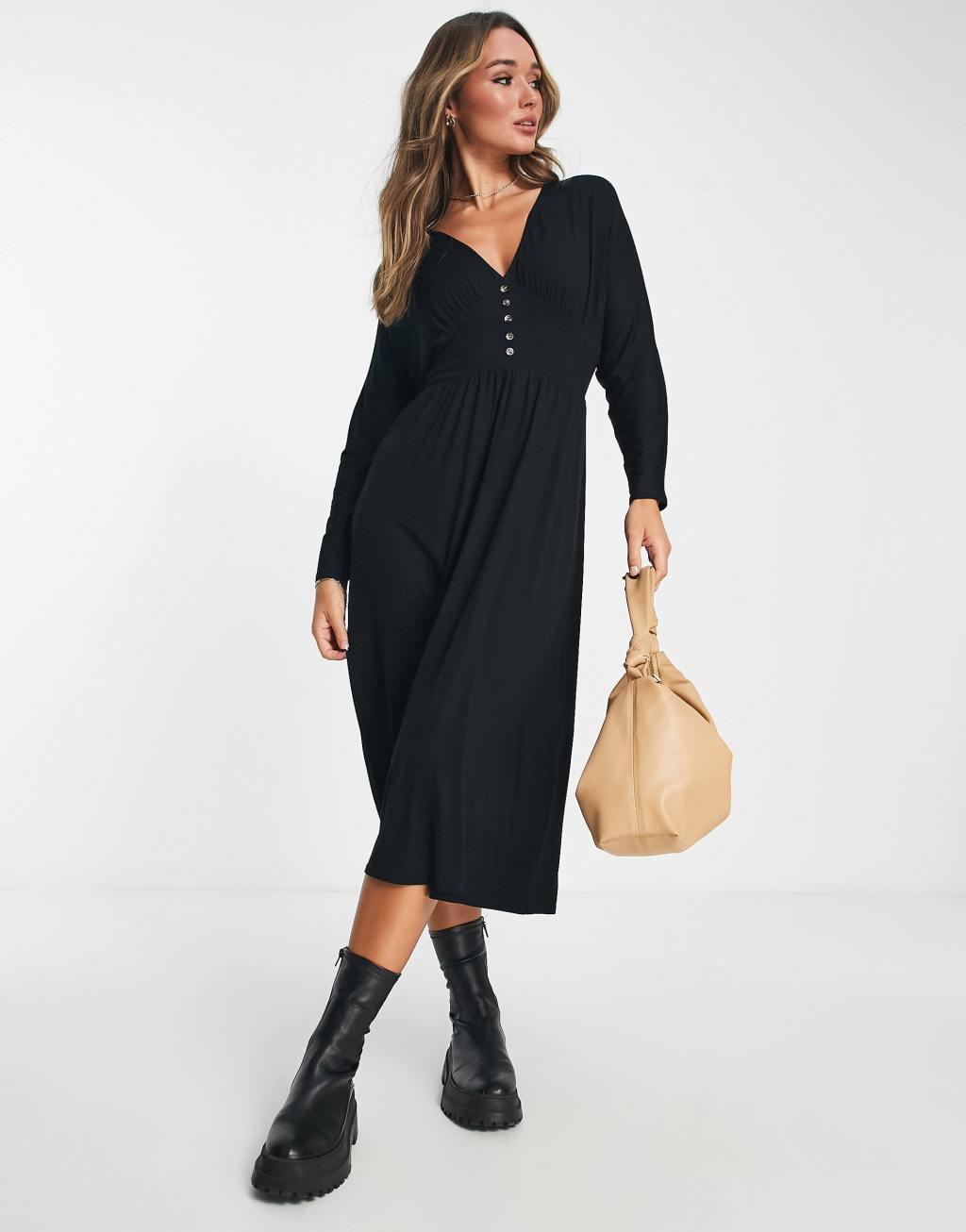 ASOS DESIGN waisted long sleeve midi tea dress with buttons in black Product Image