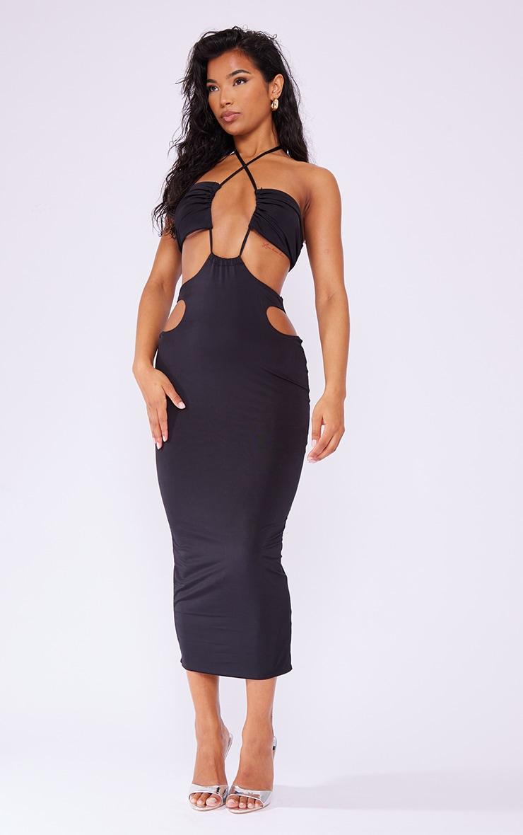 Black Slinky Multi Cut Out Cross Neck Midaxi Dress Product Image