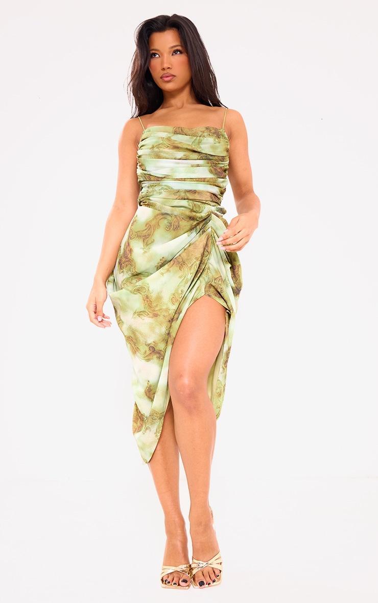 Green Print Chiffon Ruched Drape Midi Dress Product Image