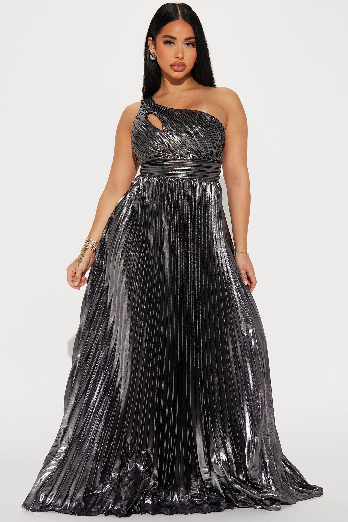 Serena Pleated Metallic Maxi Dress - Black/Silver Product Image