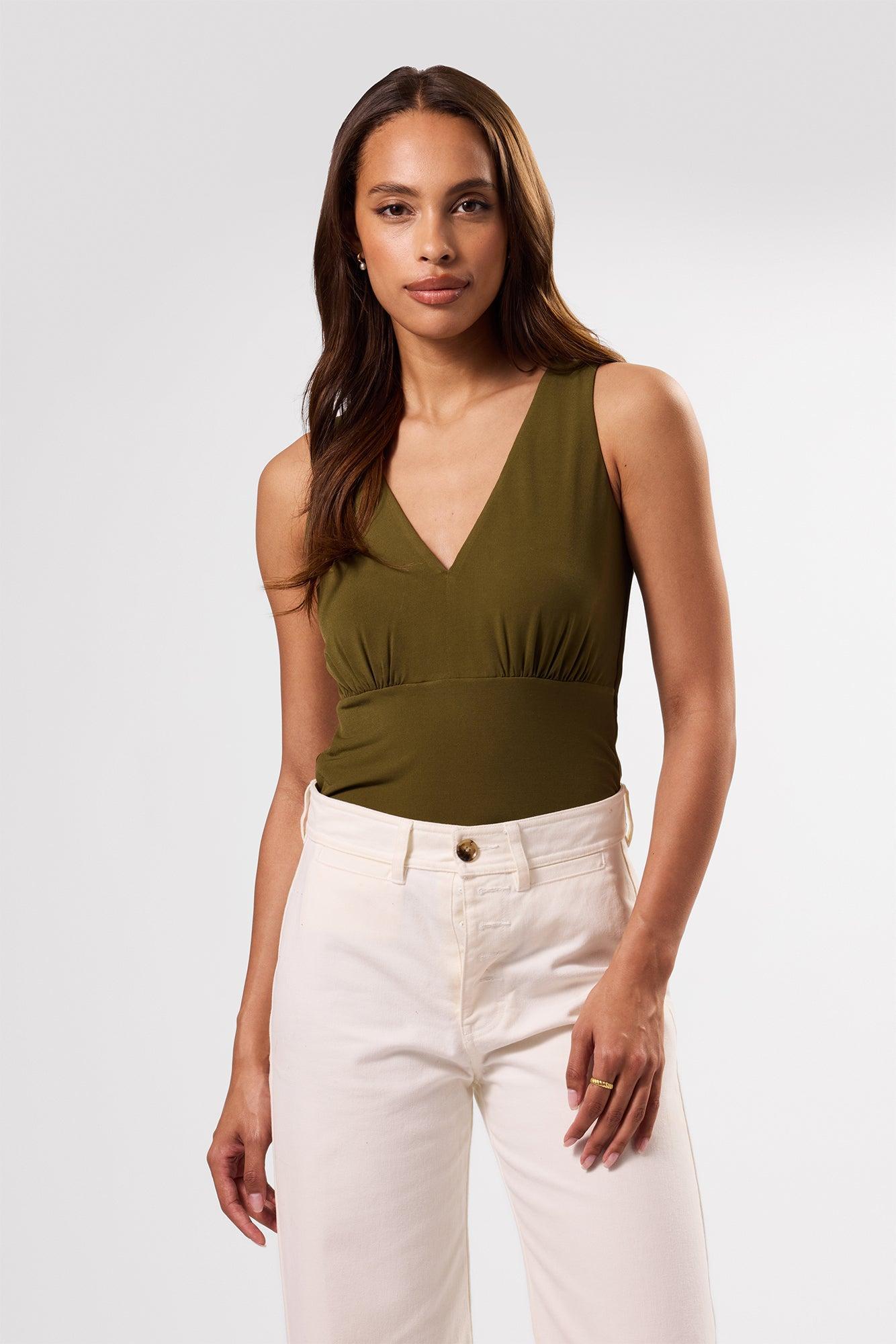 Zoe Deep V Tank - Olive Green Product Image