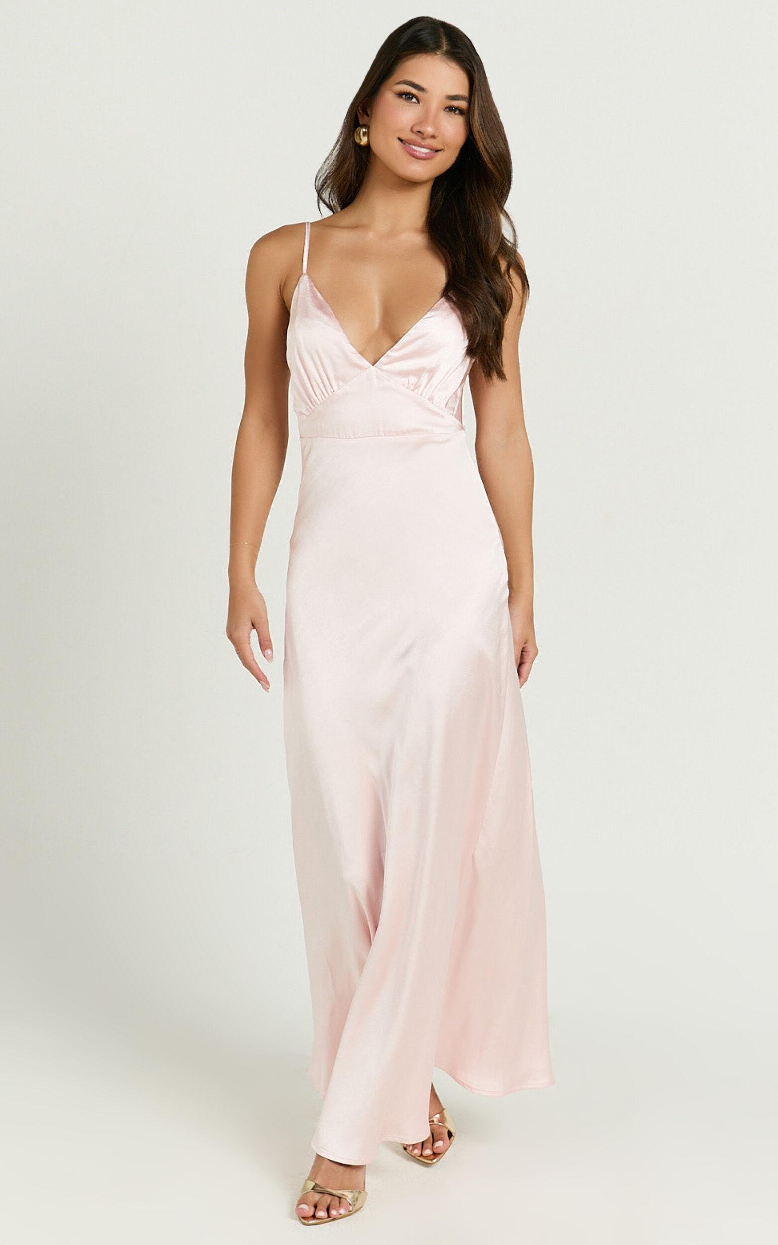 Lorenzia Maxi Dress - Plunge Corset Underbust Detail Satin Dress in Light Pink Product Image