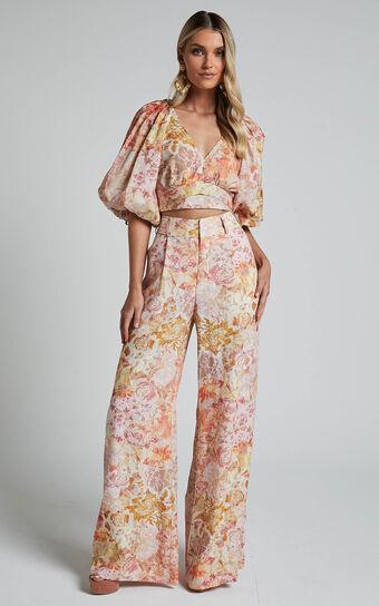 Amalie The Label - Aldina Linen Blend High Waisted Belted Straight Leg Pants in Morocco Print Product Image