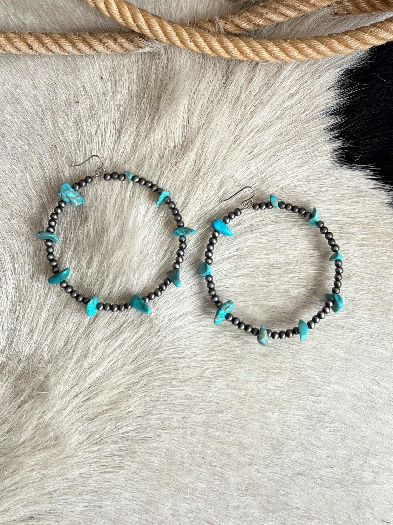 Handmade Turquoise Chip Stone Hoop Earrings Product Image