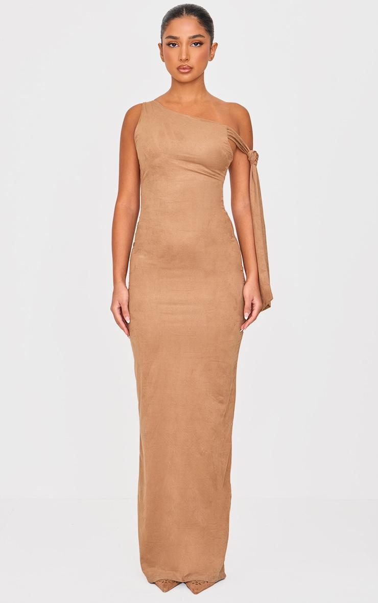 Petite Deep Taupe Faux Suede Tie Detail Maxi Dress Product Image