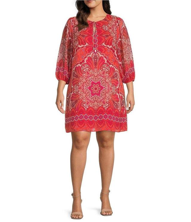 Vince Camuto Plus Size Paisley Chiffon Tie Front Neck 3/4#double; Balloon Sleeve Shift Dress Product Image