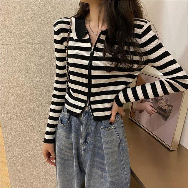 Collared Striped Zip-Up Cardigan Product Image