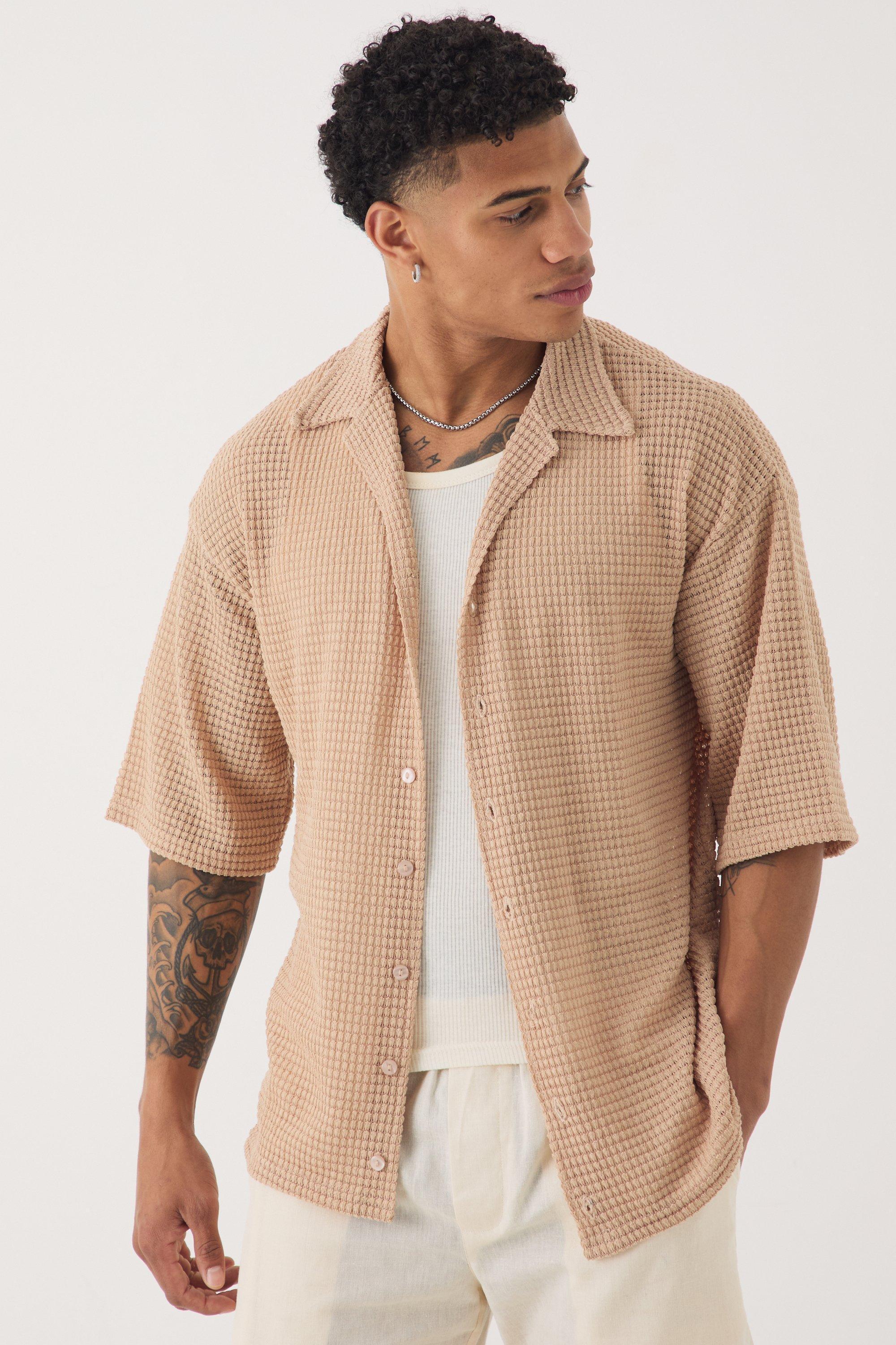 Mens Beige Oversized Button Through Textured Short Sleeve Shirt, Beige product image