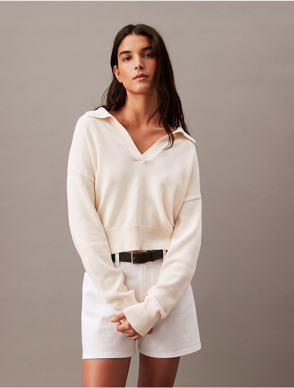 Calvin Klein Womens Smooth Cotton Polo Sweater - Ivory - M Product Image