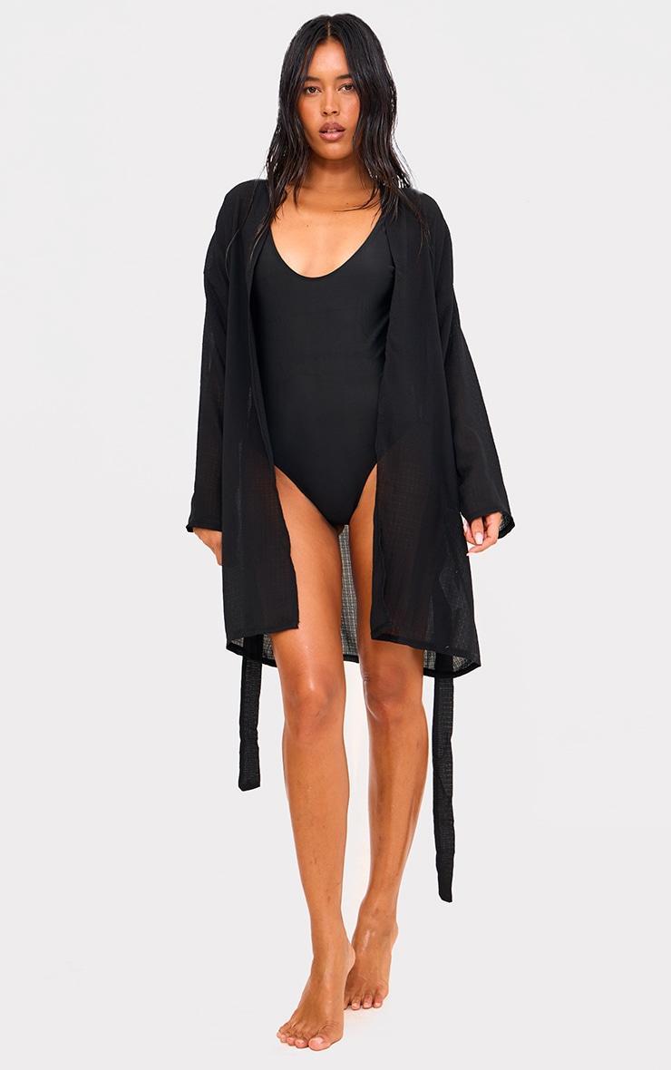 Black Crinkle Textured Short Beach Kimono Product Image