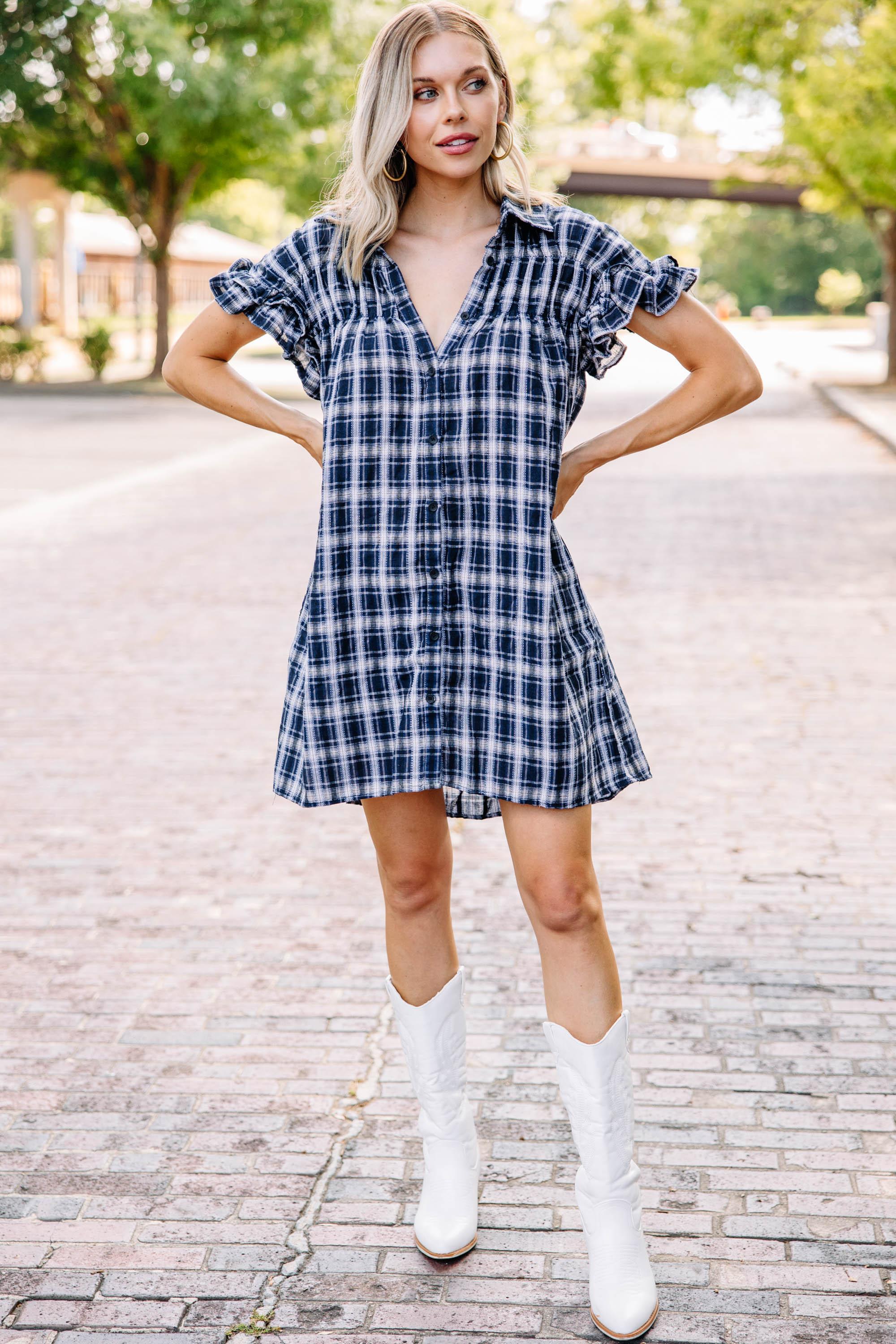 Sweet Aspirations Navy Blue Plaid Dress Female Product Image