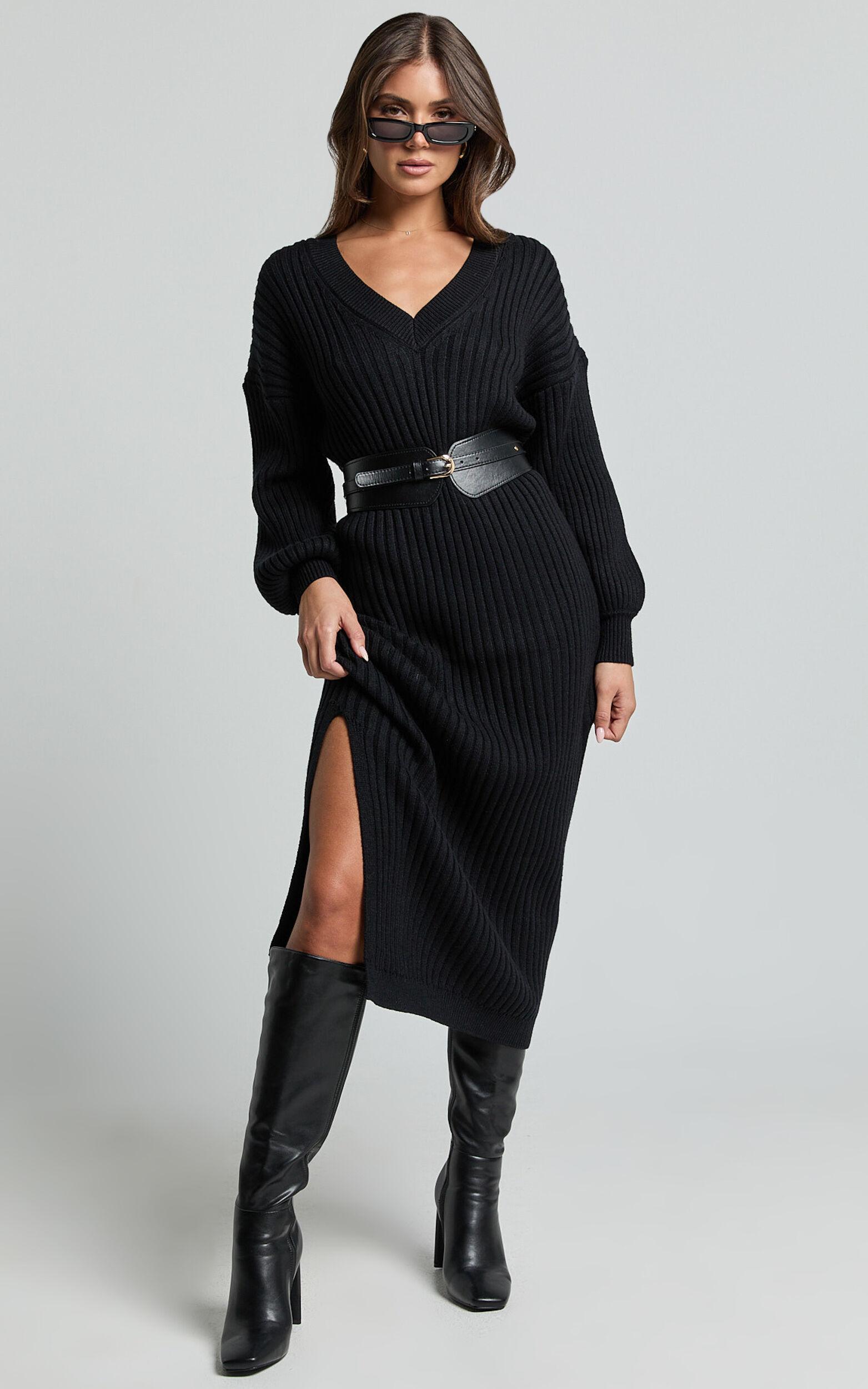 Kartia Midi Dress - V Neck Knit Dress in Black Product Image