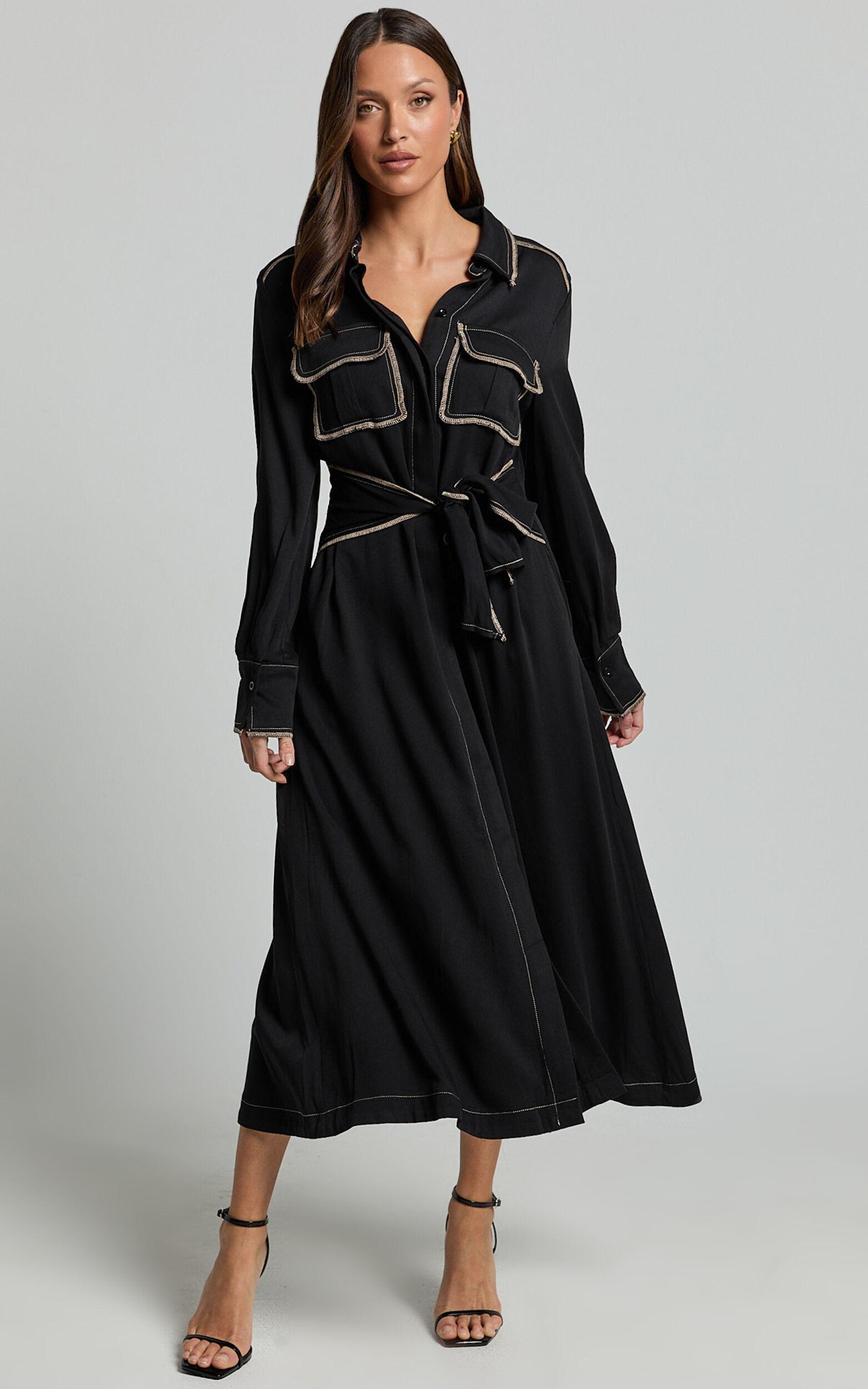 Ally Midi Dress - Collared Button Through Long Sleeve Tie Dress in Black Product Image