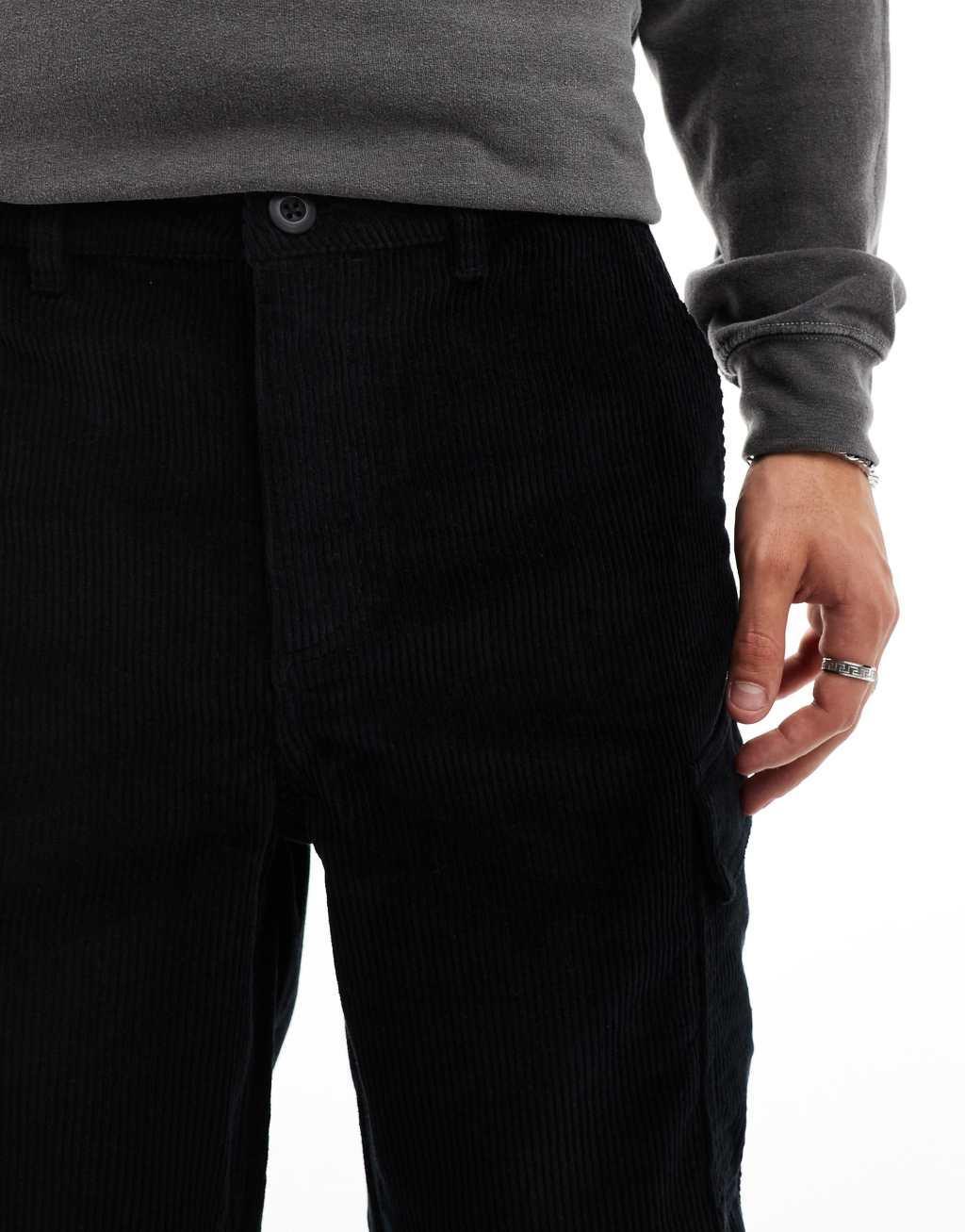 ASOS DESIGN baggy corduroy cargo pants in black Product Image