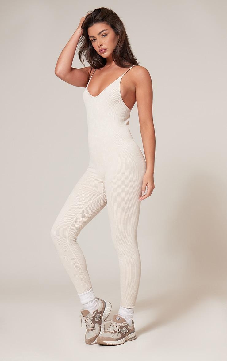 Cream Faded Contour Rib Strappy Scoop Back Jumpsuit Product Image