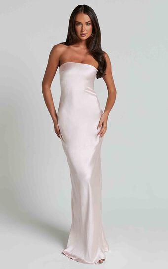 Charlita Maxi Dress - Strapless Cowl Back Satin Dress in Pale Pink product image