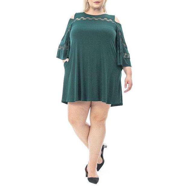 Plus Size Nina Leonard Mesh Yoke Cold-Shoulder Swing Dress, Womens Rich Green Product Image