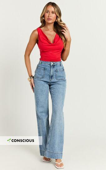 Vancouver Jeans - High Waist Straight Leg Patch Pocket Denim Jeans in Blue Wash Product Image