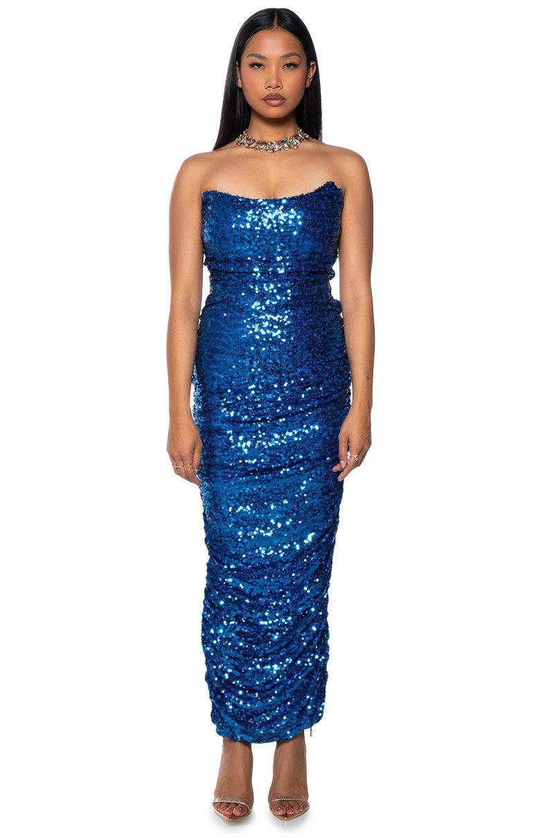 MAYA SEQUIN STRAPLESS MIDI DRESS IN BLUE Product Image