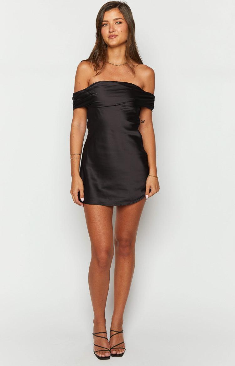 Primrose Black Satin Off the Shoulder Mini Dress Product Image