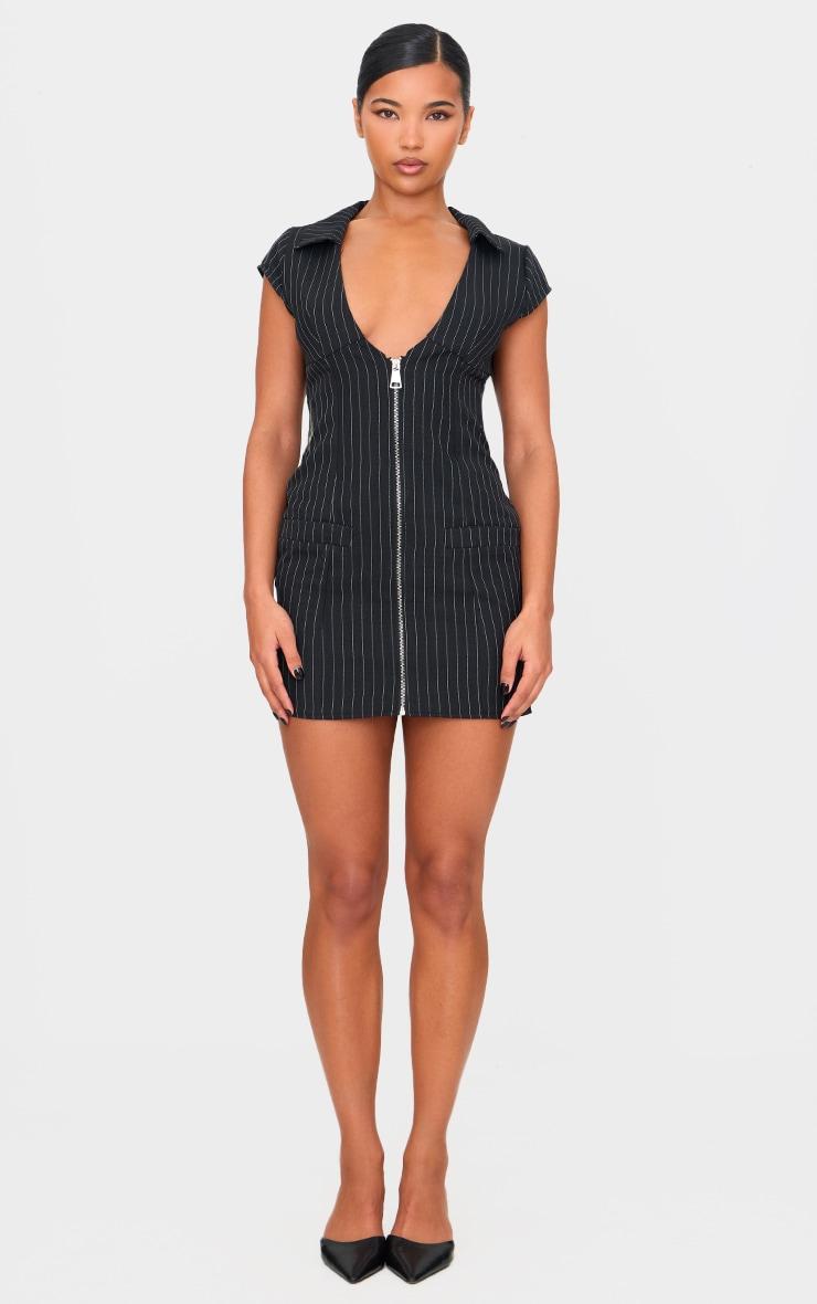  Black Pinstripe Pocket Detail Zip Up Mini Dress Product Image