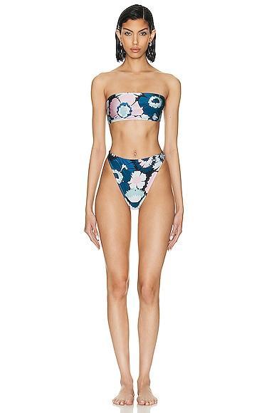 ADRIANA DEGREAS Flower Power High Leg Bandeau Bikini Set in Blue Product Image