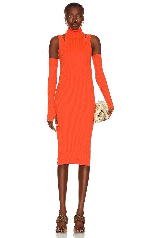 BALMAIN Fingerless Gloved Midi Dress Orange. (also in ). Product Image