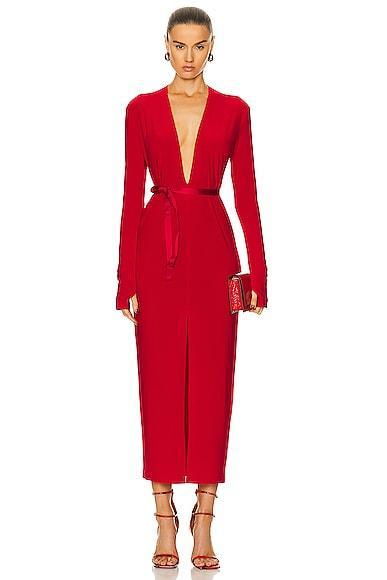 Norma Kamali Long Sleeve Deep V Neck Center Front Slit Gown in Red Product Image