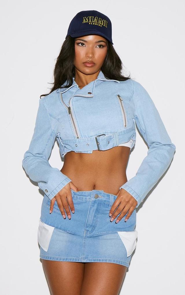 Light Blue Cropped Denim Biker Jacket Product Image