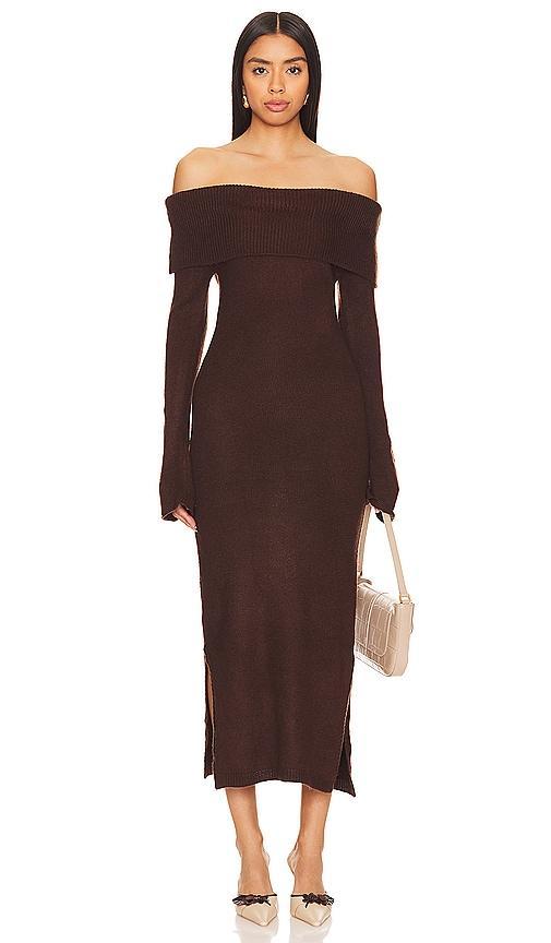 SNDYS Off Shoulder Sweater Dress in Chocolate. Size XS. Product Image