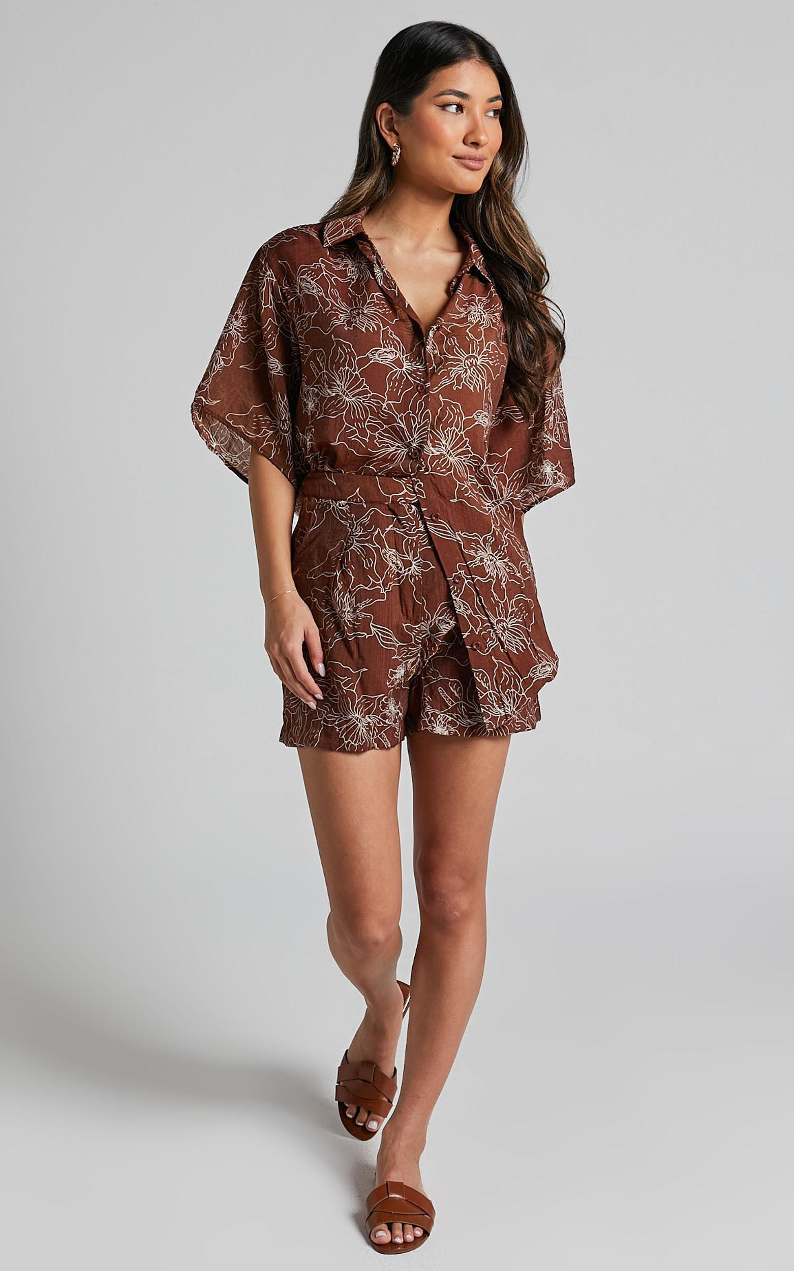 Alofi Top - Collared Button Through Short Sleeve Blouse in Brown Floral Product Image