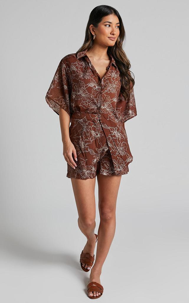 Alofi Top - Collared Button Through Short Sleeve Blouse in Brown Floral Product Image