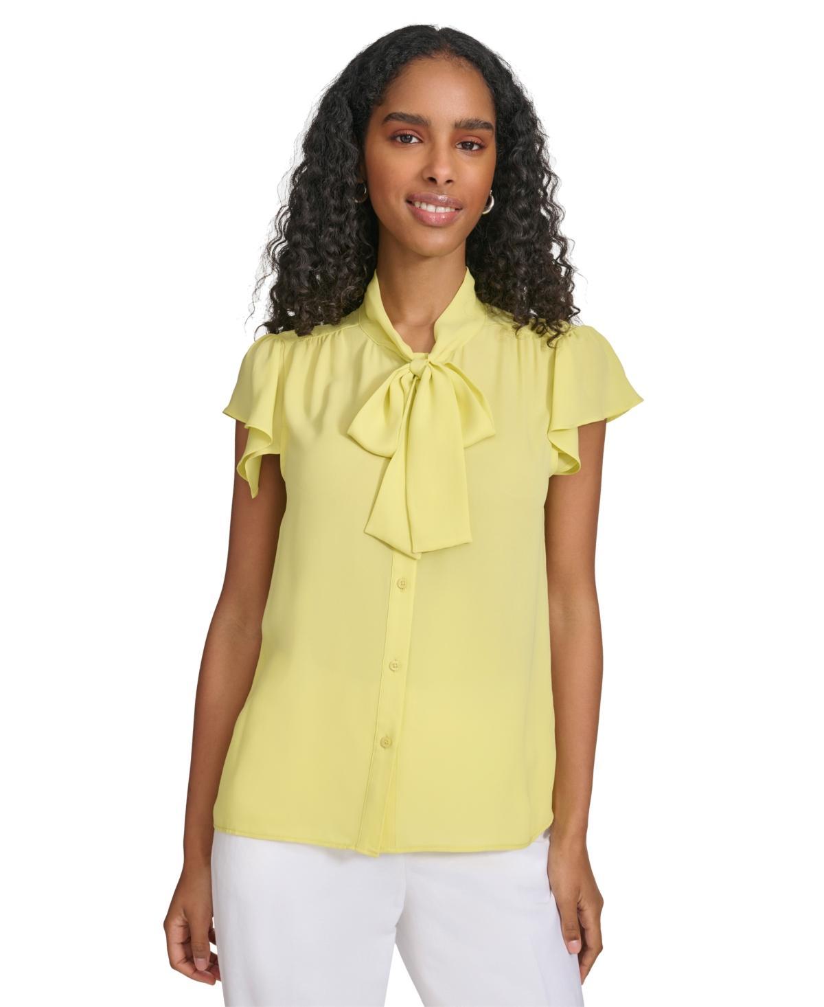 Calvin Klein Womens Tie-Neck Flutter Sleeve Blouse Product Image