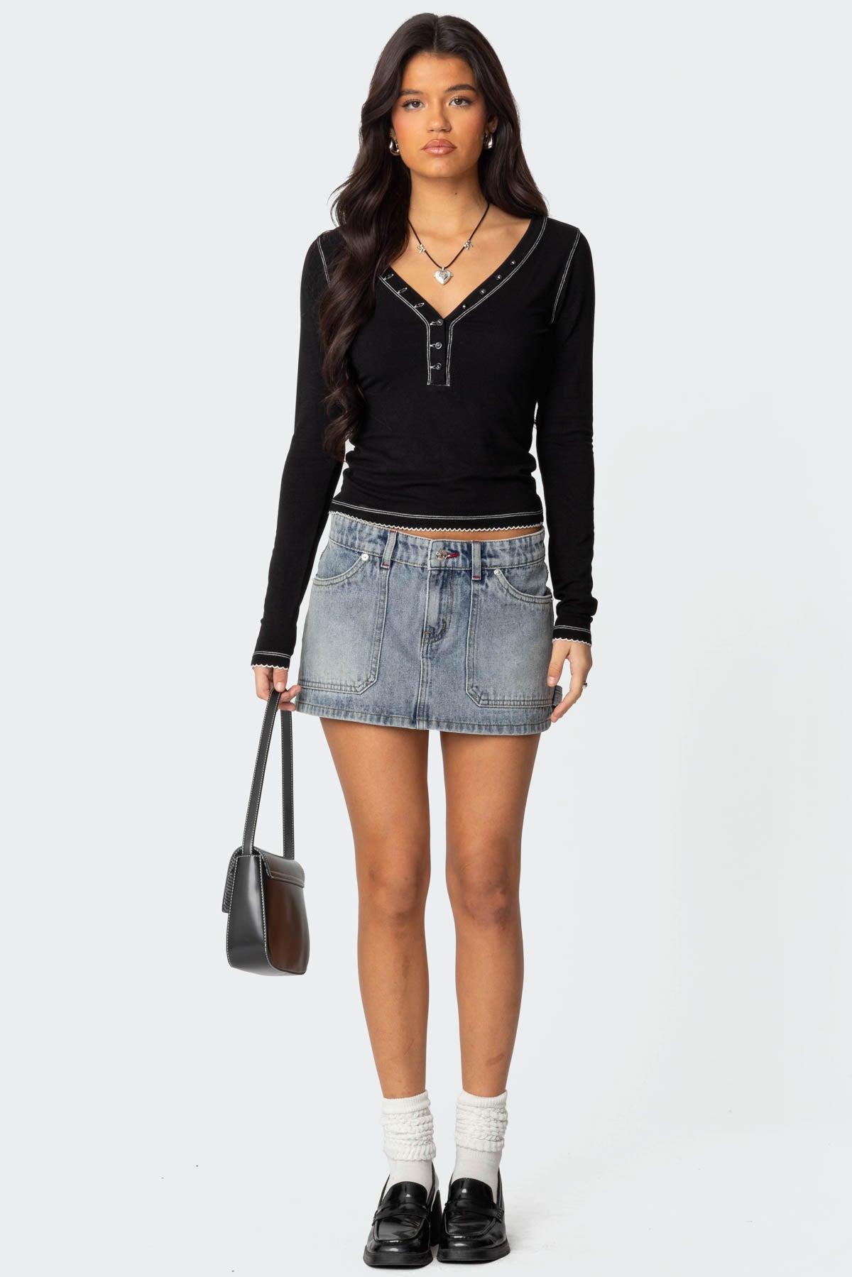 Yael Contrast Stitch Henley Top Product Image