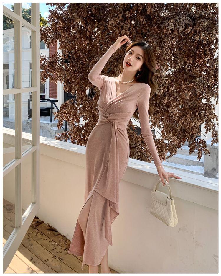 Long-Sleeve V-Neck Plain Tie Waist Slit Midi Sheath Dress Product Image