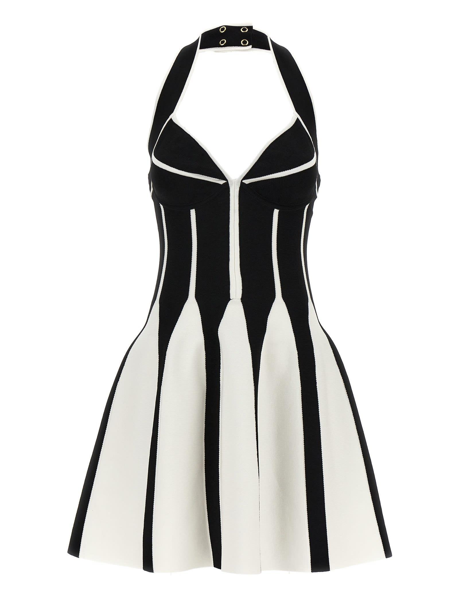 BALMAIN Backless Knit Short Halter Skater Dress In White/black Product Image