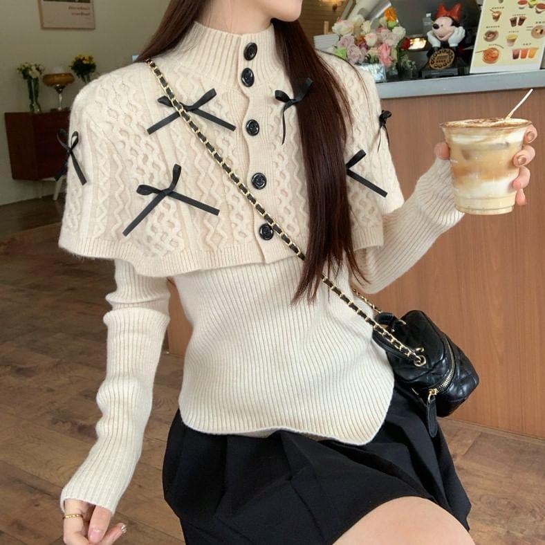 Long Sleeve Plain Ribbed Top / Stand Collar Bow Cable Knit Button Capelet Product Image