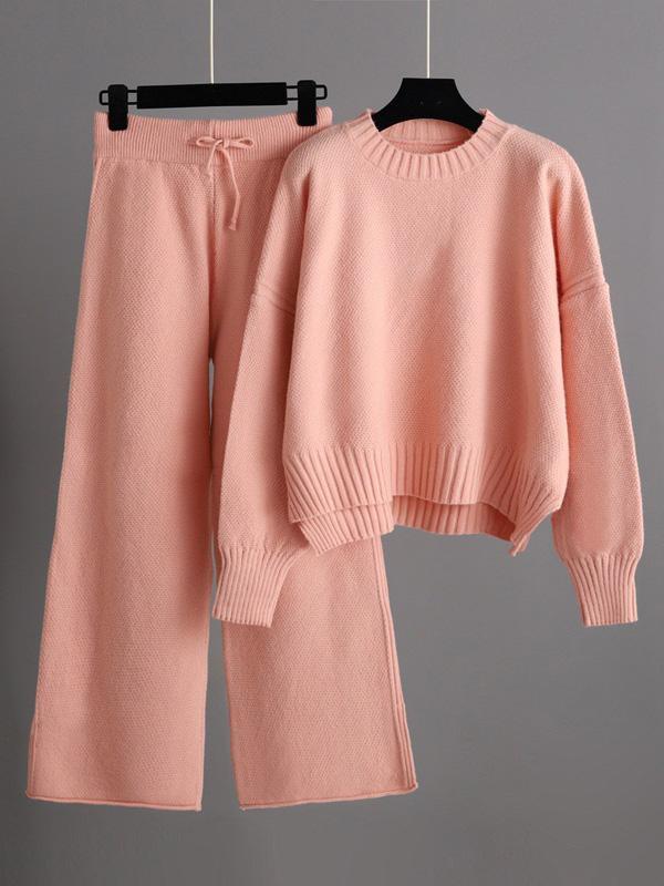 Stylish Loose High-Low Long Sleeves Solid Color Round-Neck Sweater Tops& Wide Leg Pants Two Pieces Set Product Image