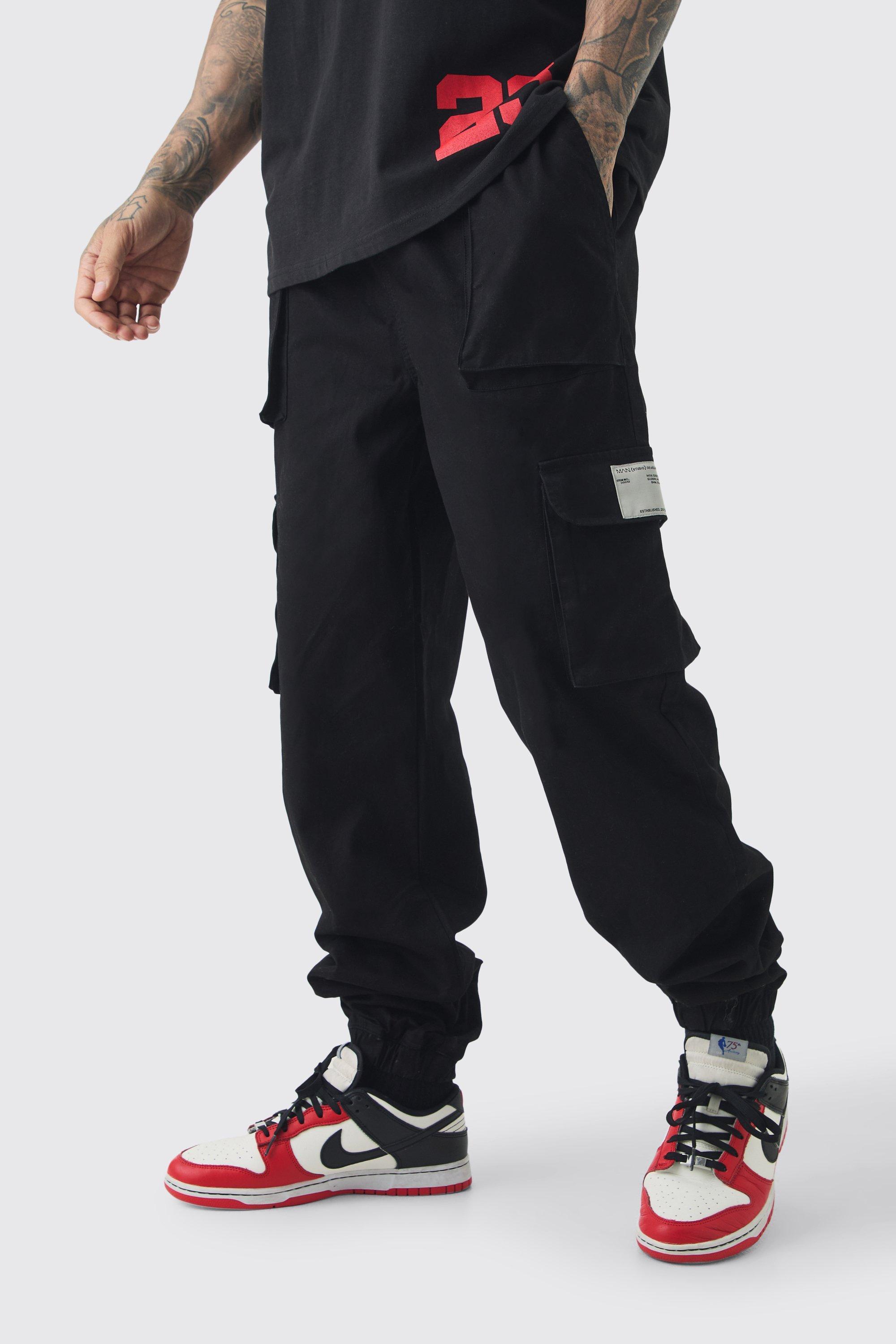 Mens Tall Cuffed Hem Woven Tab Cargo Trousers In Black, Black Product Image