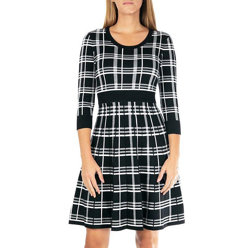 Womens Nina Leonard Plaid Knit Fit & Flair Sweater Dress Product Image