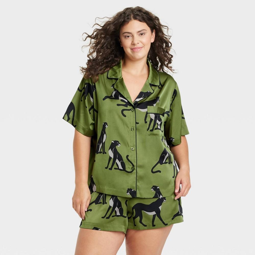 Womens Satin Notch Collar Short Sleeve and Shorts Pajama Set - Auden /Panther 4X Product Image