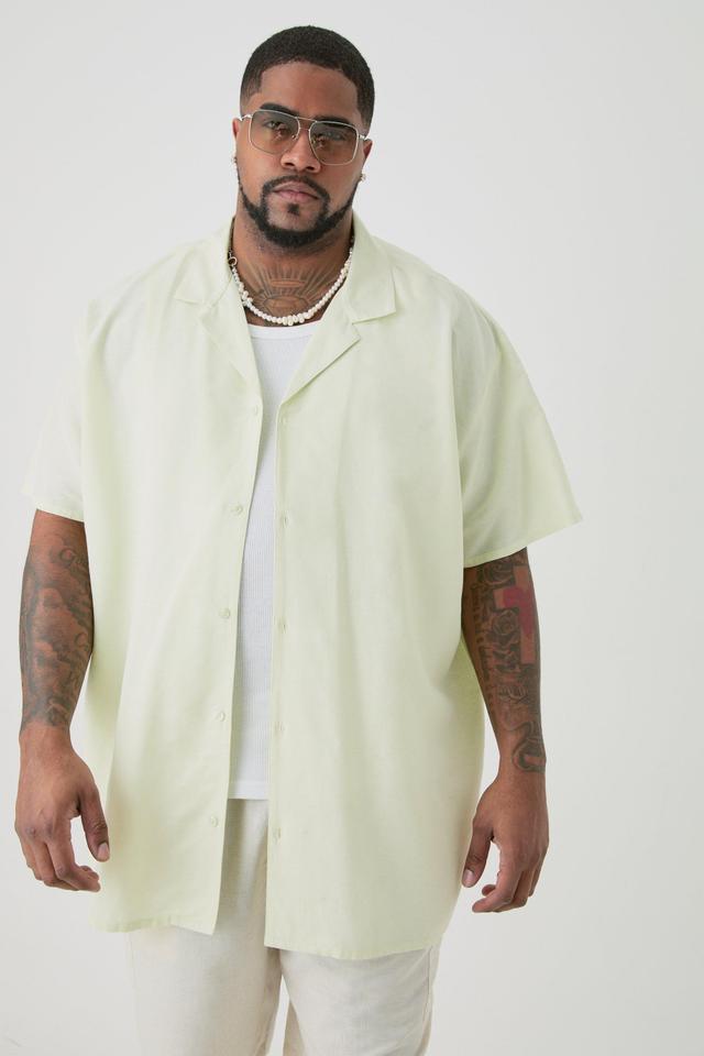 Plus Linen Oversized Revere Shirt In Green | boohooMAN USA Product Image