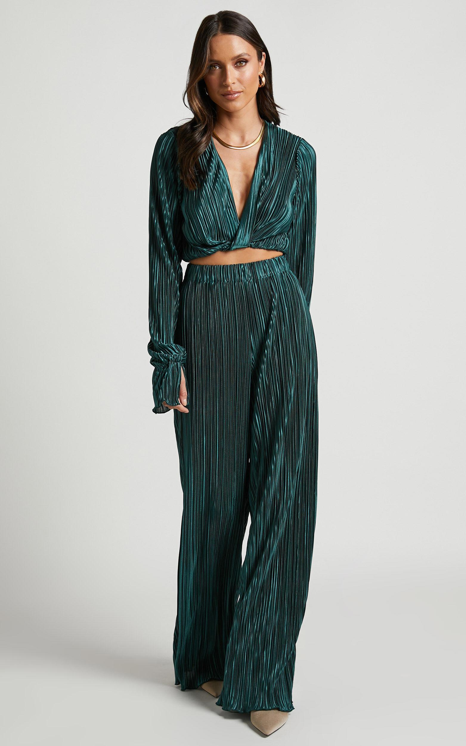 Aluna Two Piece Set - Plisse Twist Front Crop Top and Wide Leg Pants Set in Forest Green Product Image