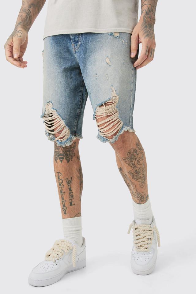 Tall Relaxed Rigid Long Length Ripped Denim Shorts In Ice Blue | boohooMAN USA Product Image