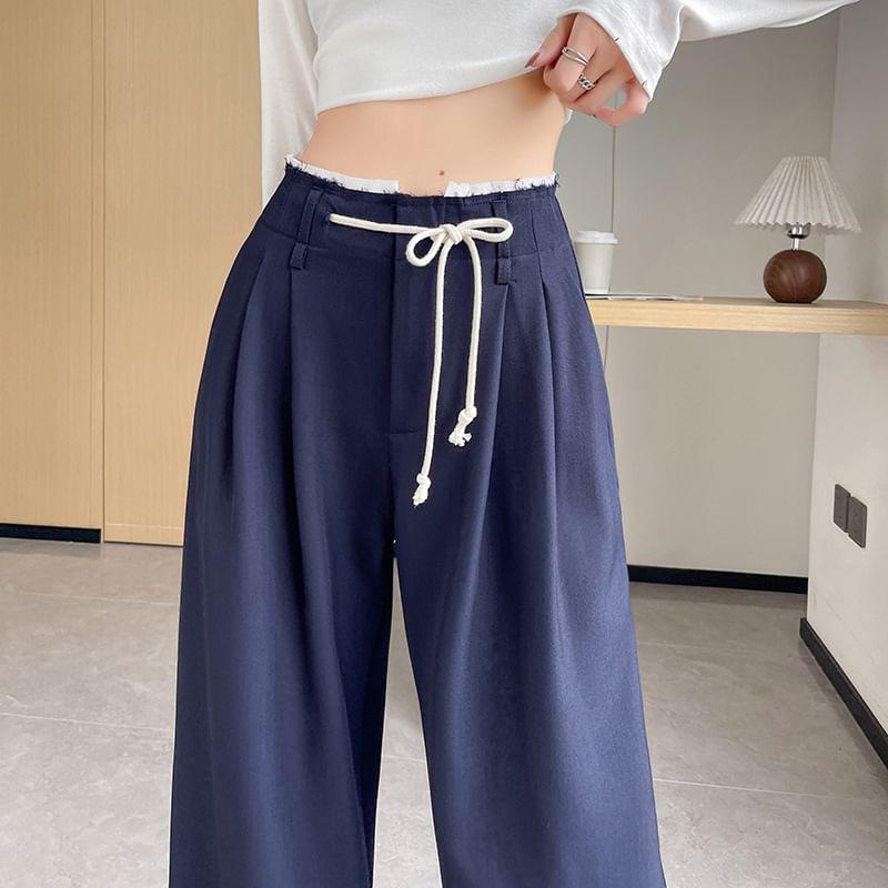 Drawstring Waist Plain Wide Leg Pants Product Image