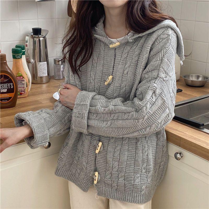 Sailor Collar Plain Cable Knit Toggle Cardigan Product Image