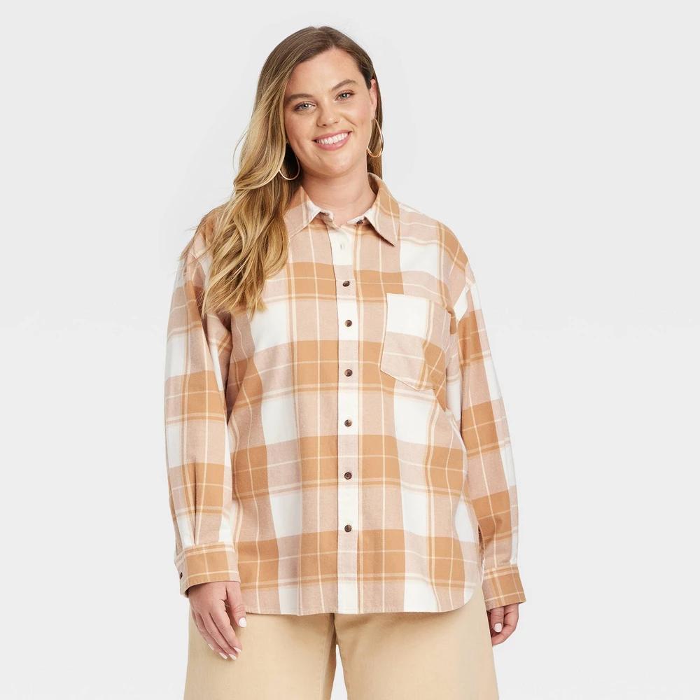 Womens Oversized Flannel Long Sleeve Collared Button-Down Shirt - Universal Thread Brown Plaid XXL Product Image