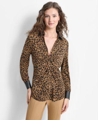 Dkny Womens Animal-Print Knot-Front Faux-Leather-Trimmed Collared Top Product Image