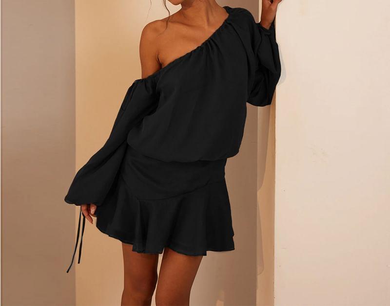 Set: Long-Sleeve Off-Shoulder Plain T-Shirt + High Waist Mini A-Line Skirt Product Image